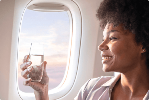 Collage of a couple on a plane and a person playing in the ocean